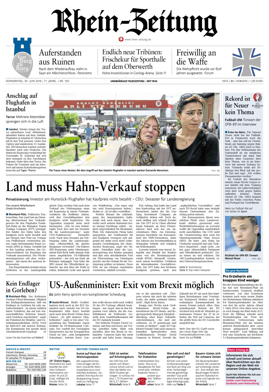 Rhein-Zeitung Koblenz & Region vom Donnerstag, 30.06.2016
