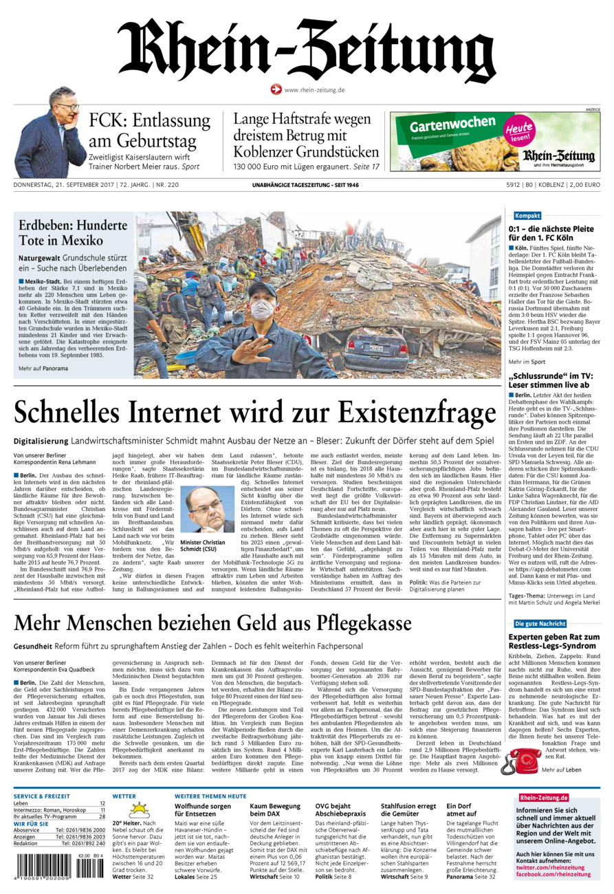 Rhein-Zeitung Koblenz & Region vom Donnerstag, 21.09.2017