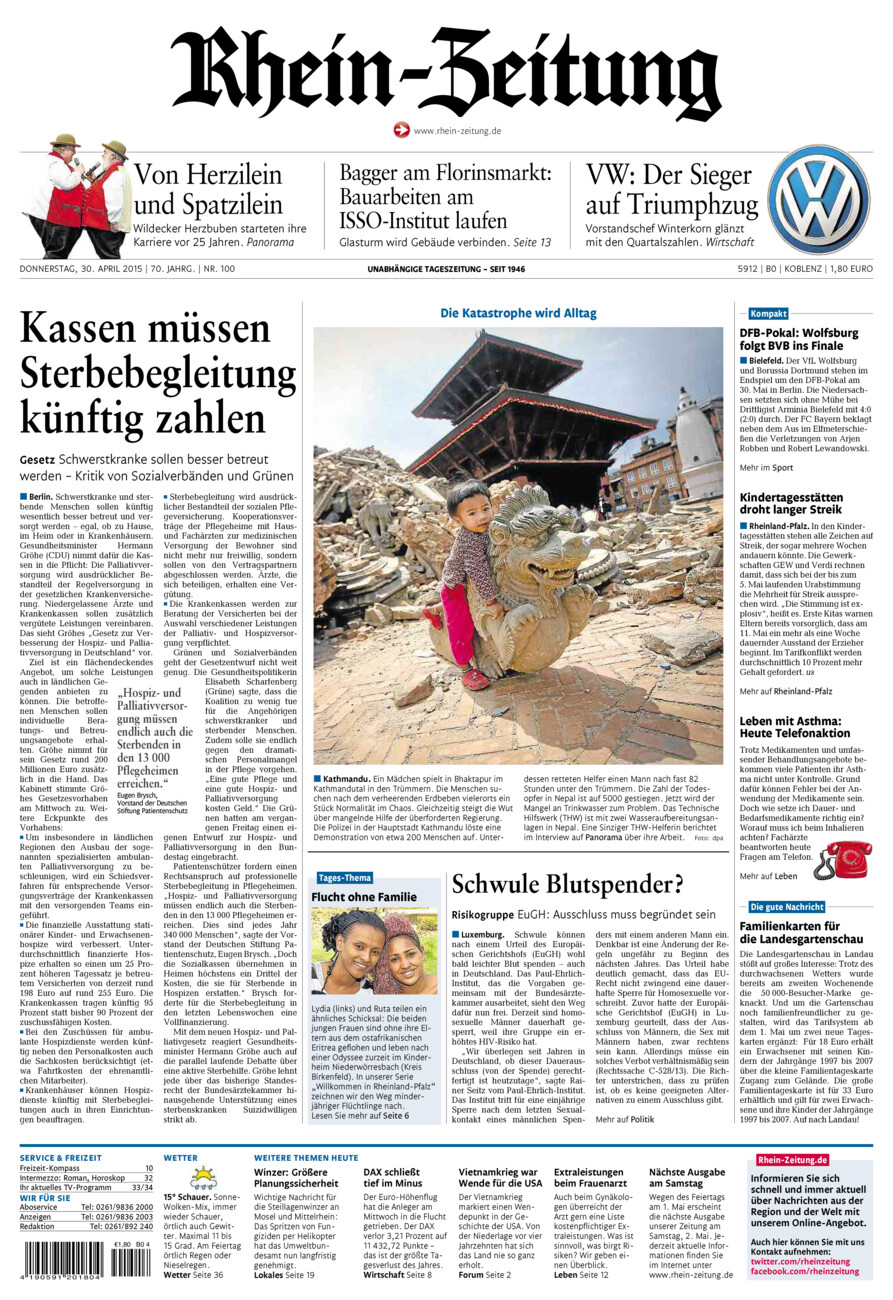 Rhein-Zeitung Koblenz & Region vom Donnerstag, 30.04.2015