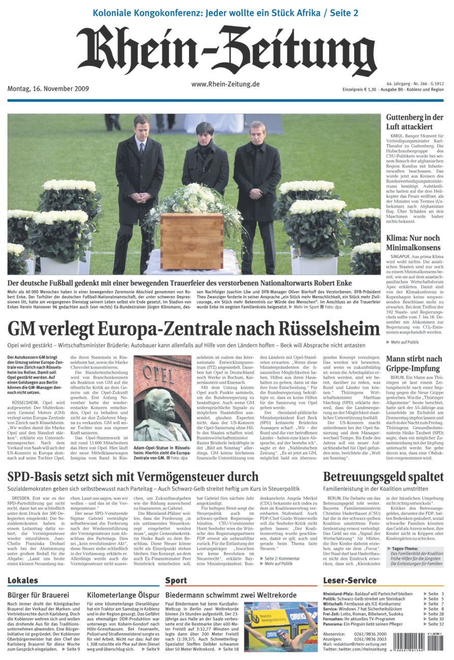Rhein-Zeitung Koblenz & Region vom Montag, 16.11.2009
