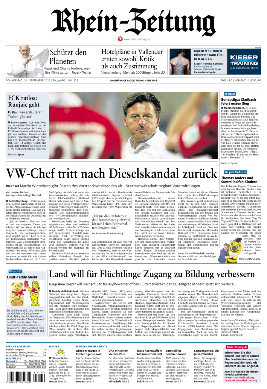 Rhein-Zeitung Koblenz & Region vom Donnerstag, 24.09.2015