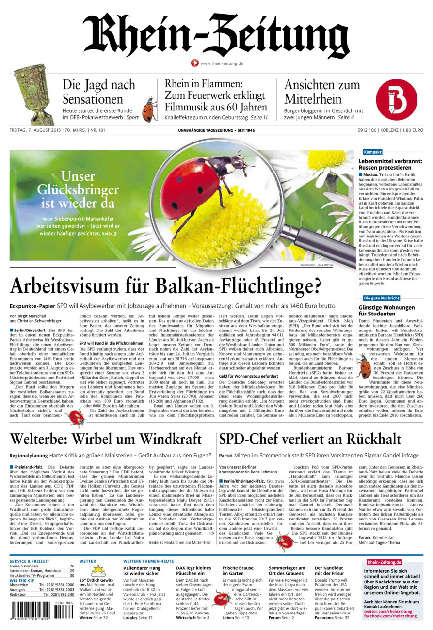 Rhein-Zeitung Koblenz & Region vom Freitag, 07.08.2015