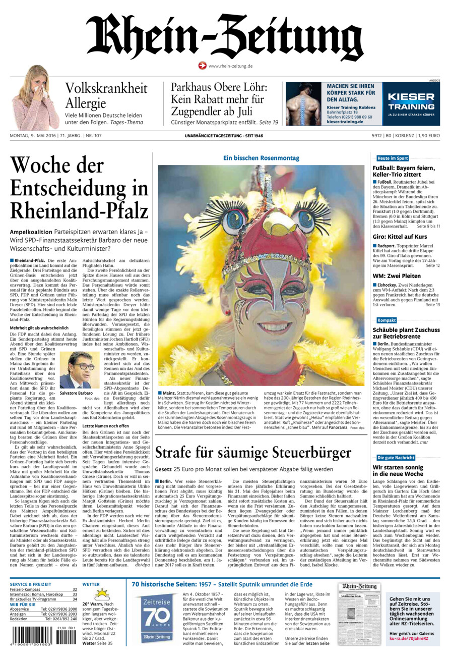 Rhein-Zeitung Koblenz & Region vom Montag, 09.05.2016