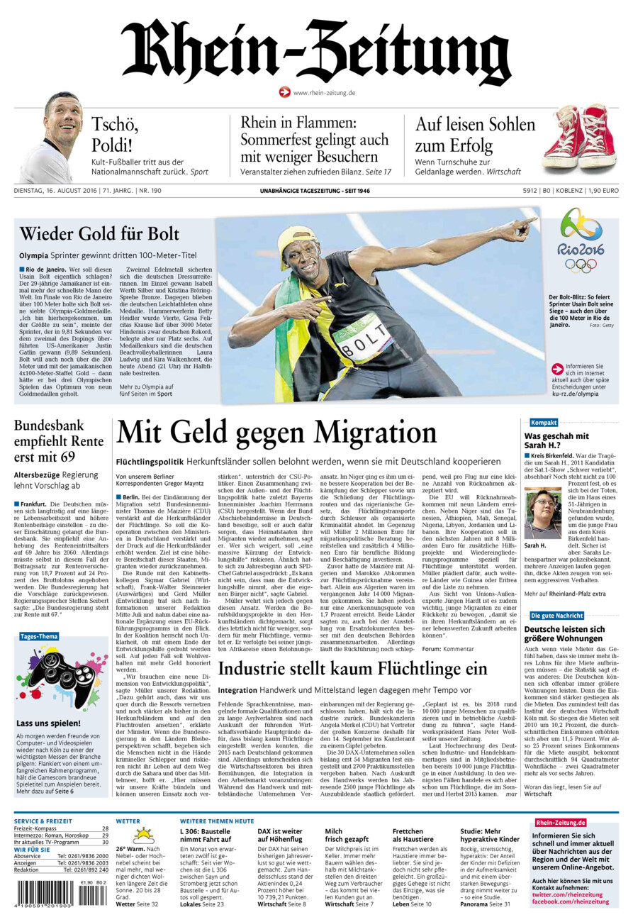 Rhein-Zeitung Koblenz & Region vom Dienstag, 16.08.2016