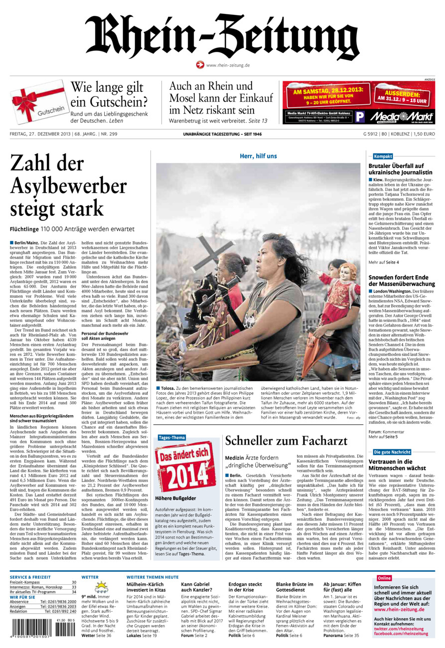 Rhein-Zeitung Koblenz & Region vom Freitag, 27.12.2013