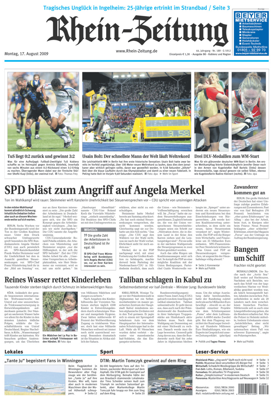 Rhein-Zeitung Koblenz & Region vom Montag, 17.08.2009