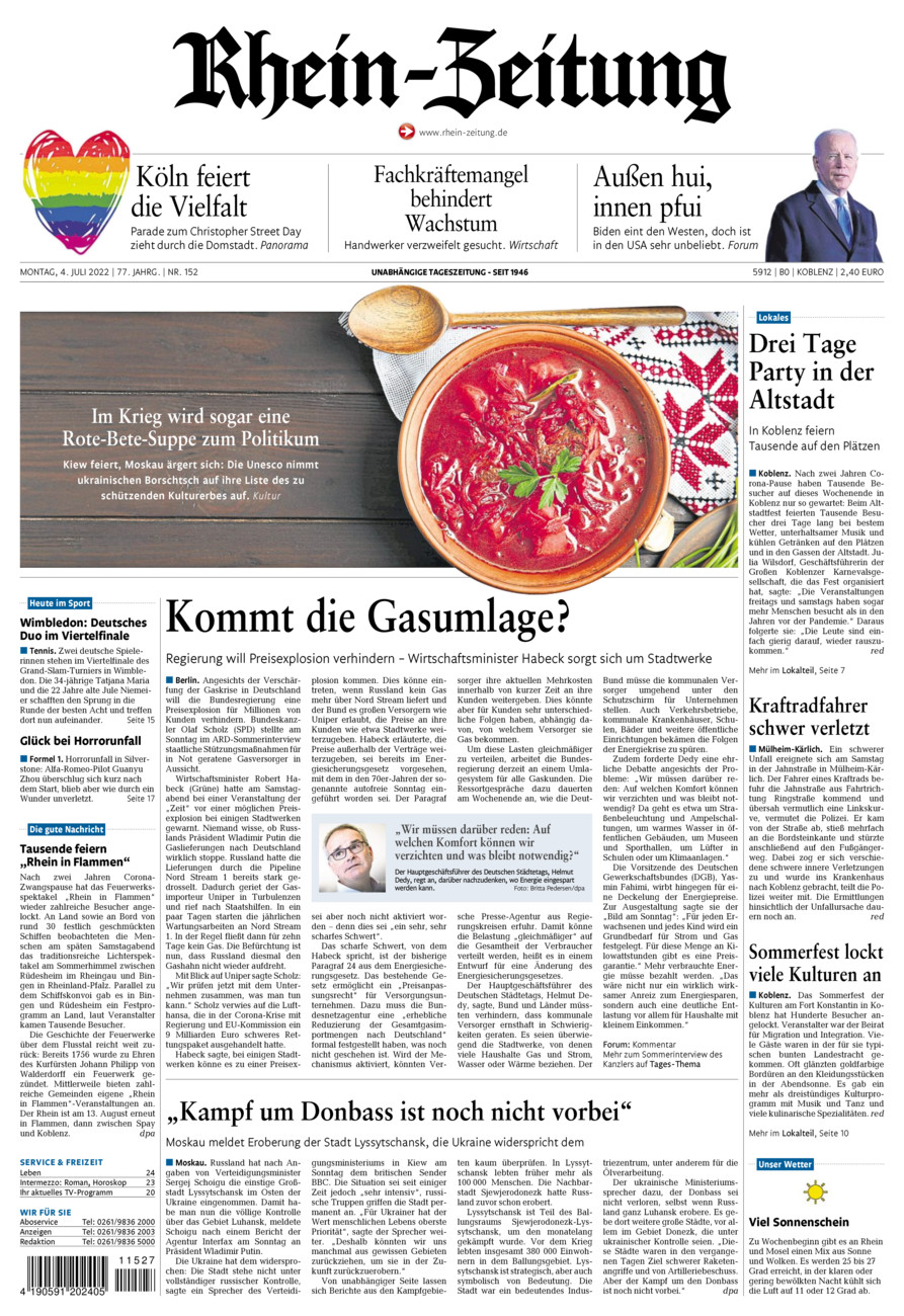 Rhein-Zeitung Koblenz & Region vom Montag, 04.07.2022