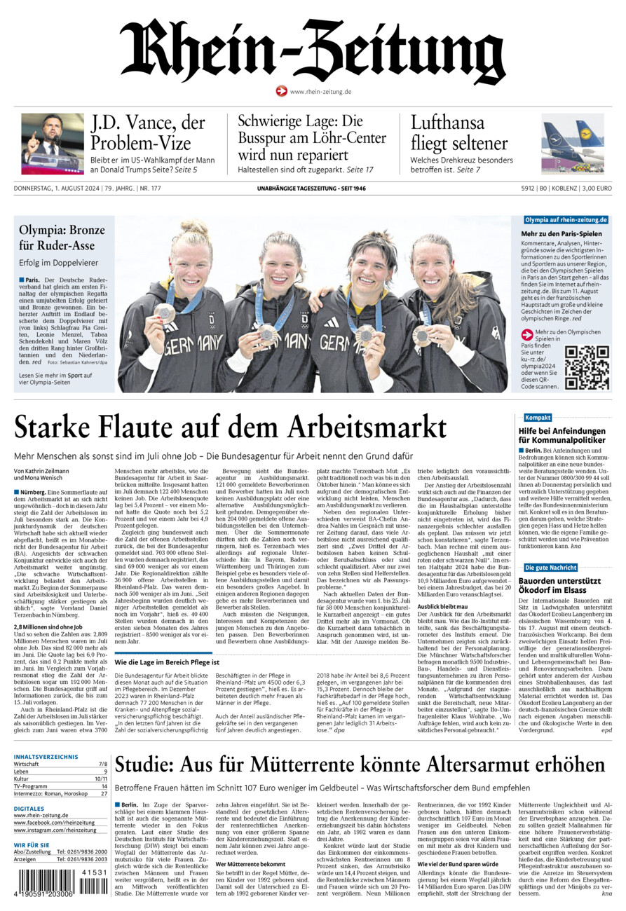 Rhein-Zeitung Koblenz & Region vom Donnerstag, 01.08.2024