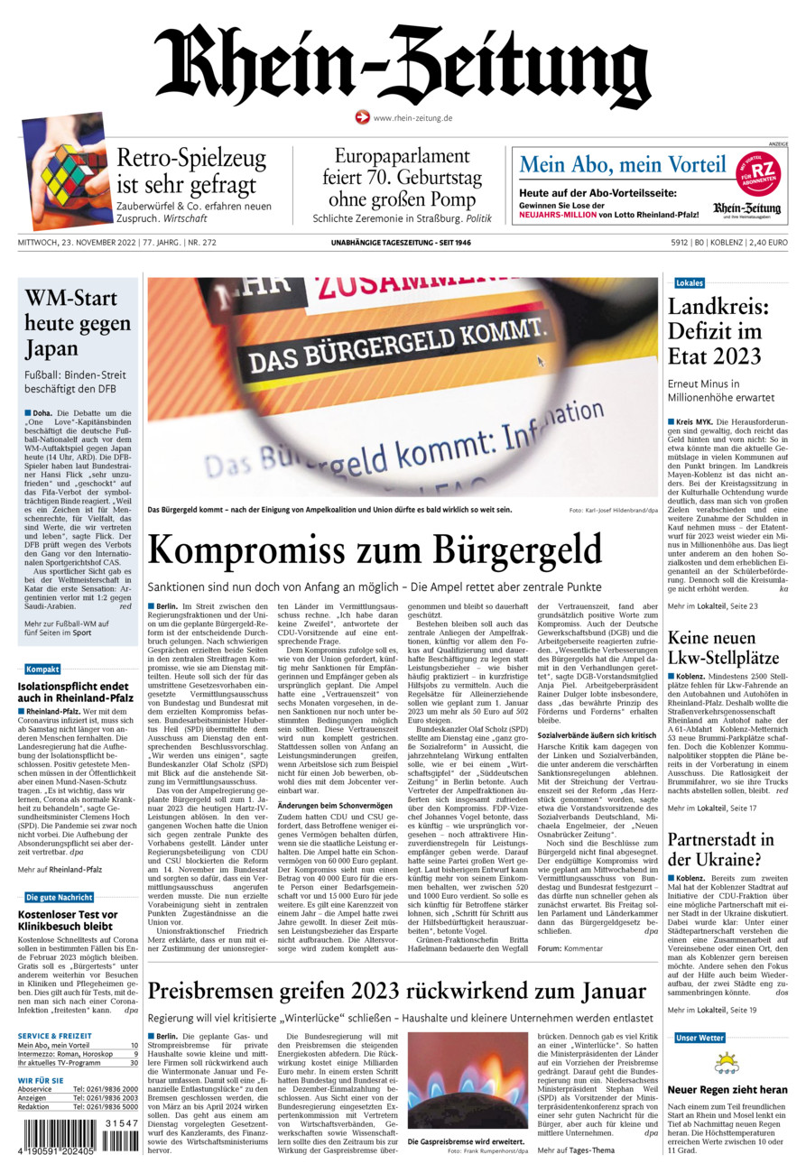 Rhein-Zeitung Koblenz & Region vom Mittwoch, 23.11.2022