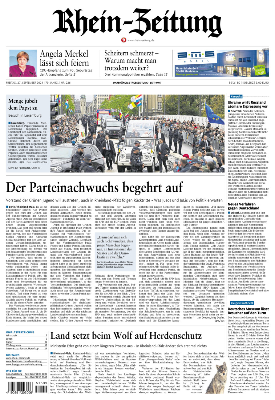 Rhein-Zeitung Koblenz & Region vom Freitag, 27.09.2024