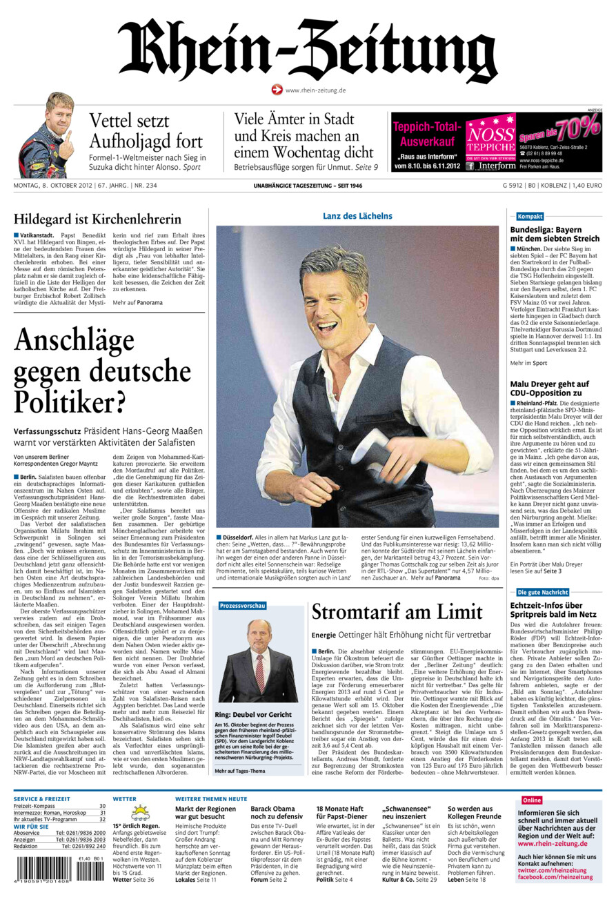 Rhein-Zeitung Koblenz & Region vom Montag, 08.10.2012
