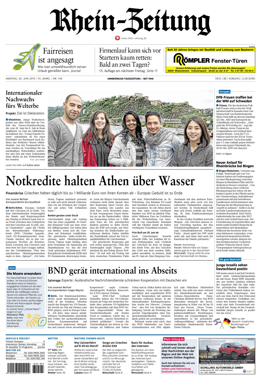 Rhein-Zeitung Koblenz & Region vom Samstag, 20.06.2015