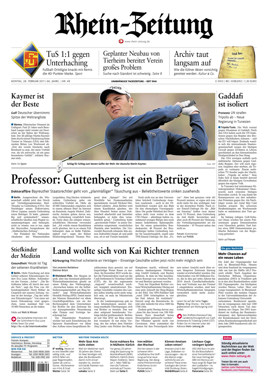 Rhein-Zeitung Koblenz & Region vom Montag, 28.02.2011
