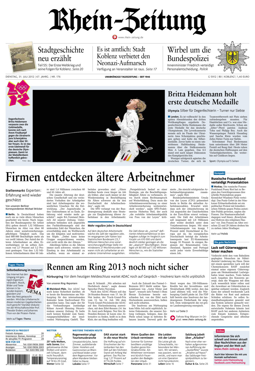 Rhein-Zeitung Koblenz & Region vom Dienstag, 31.07.2012