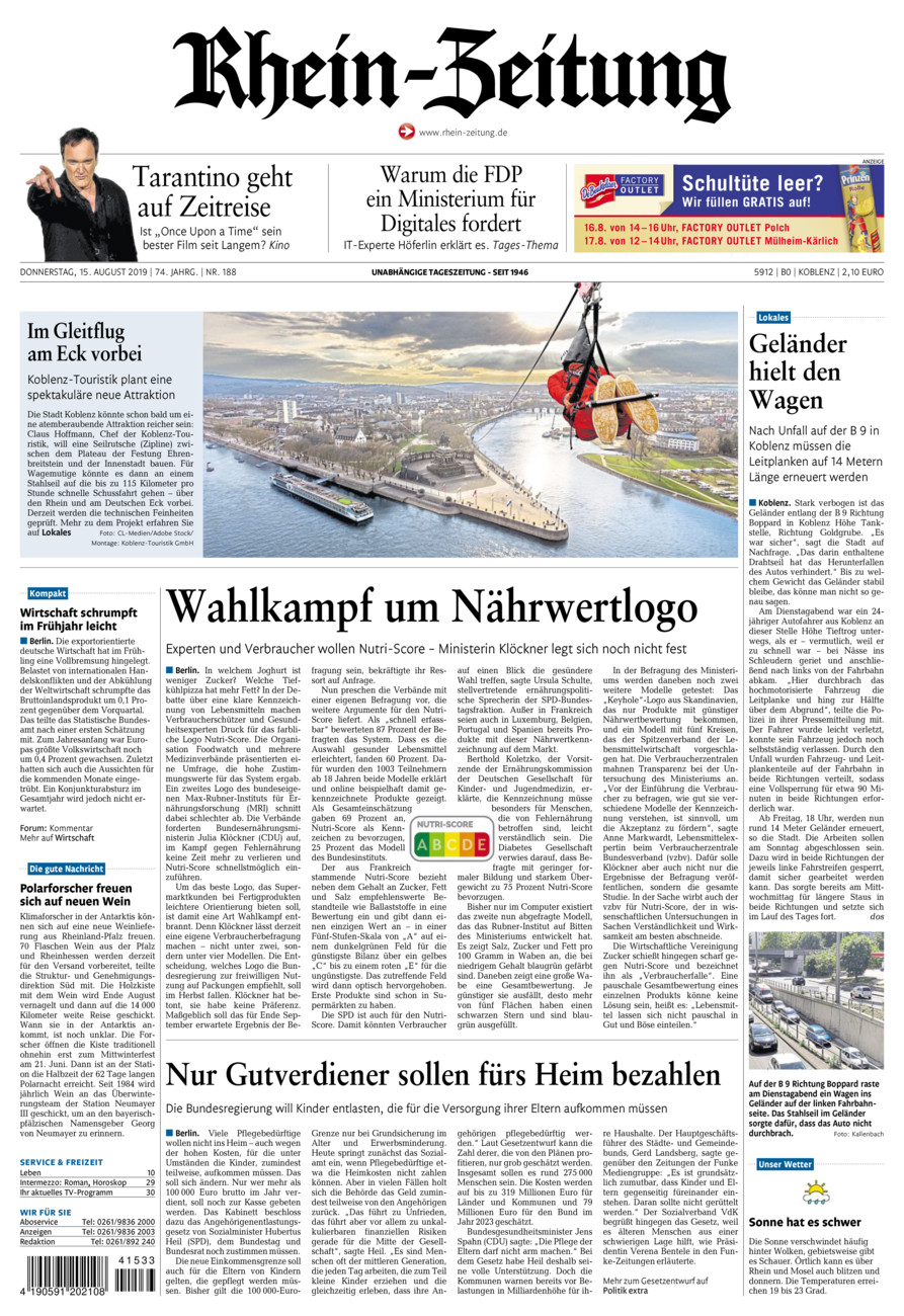 Rhein-Zeitung Koblenz & Region vom Donnerstag, 15.08.2019