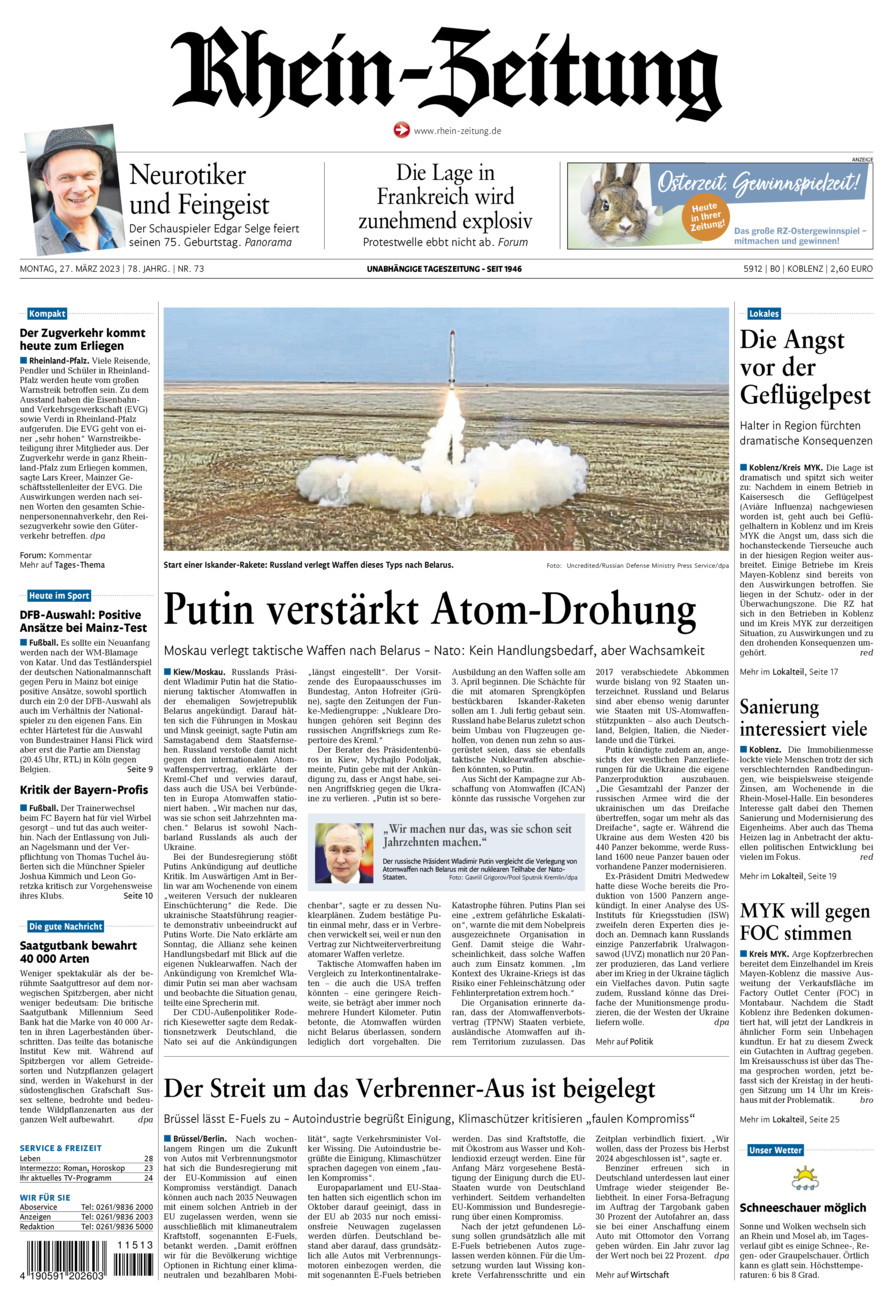 Rhein-Zeitung Koblenz & Region vom Montag, 27.03.2023