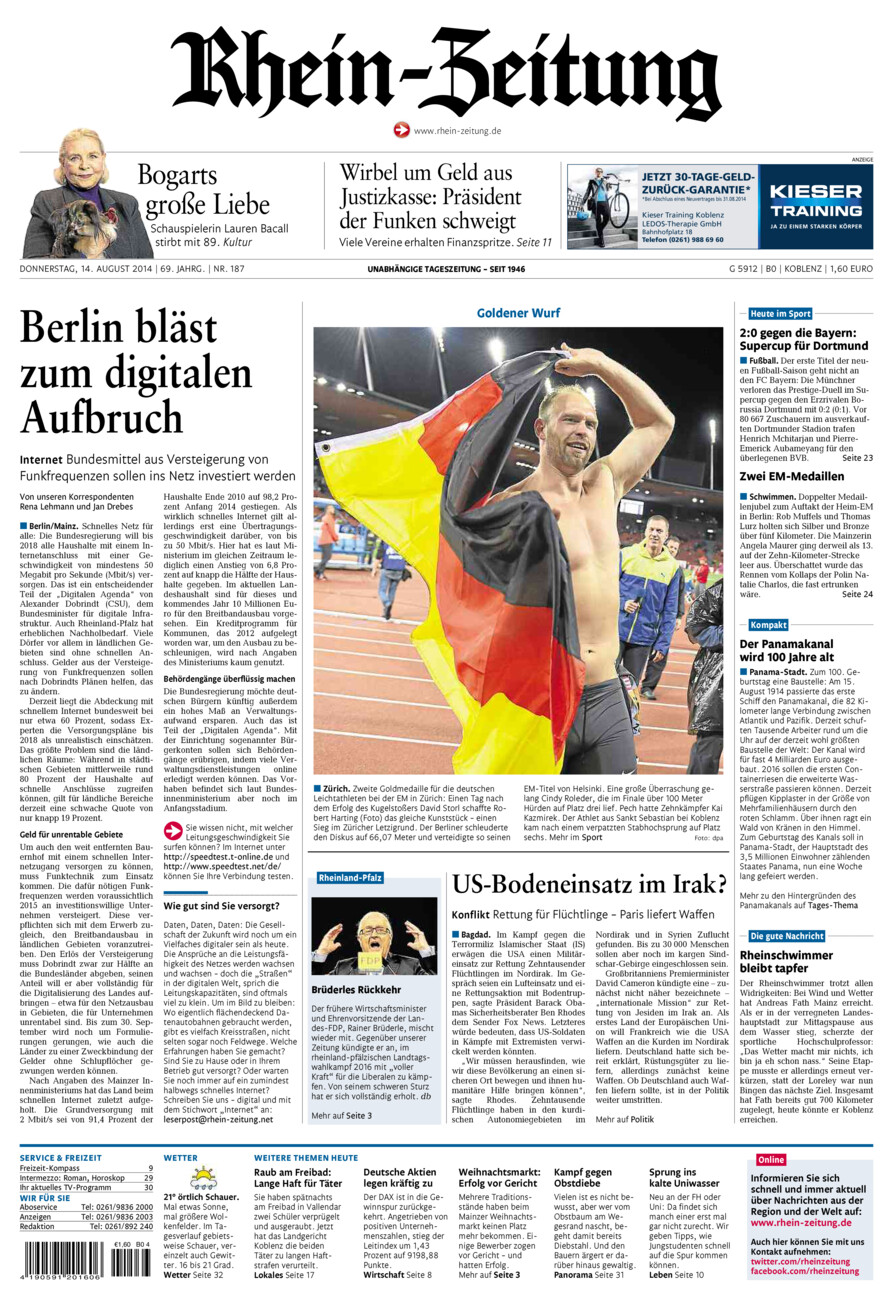 Rhein-Zeitung Koblenz & Region vom Donnerstag, 14.08.2014