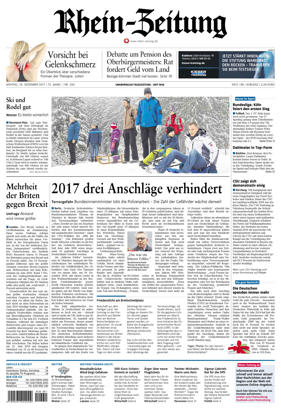 Rhein-Zeitung Koblenz & Region vom Montag, 18.12.2017