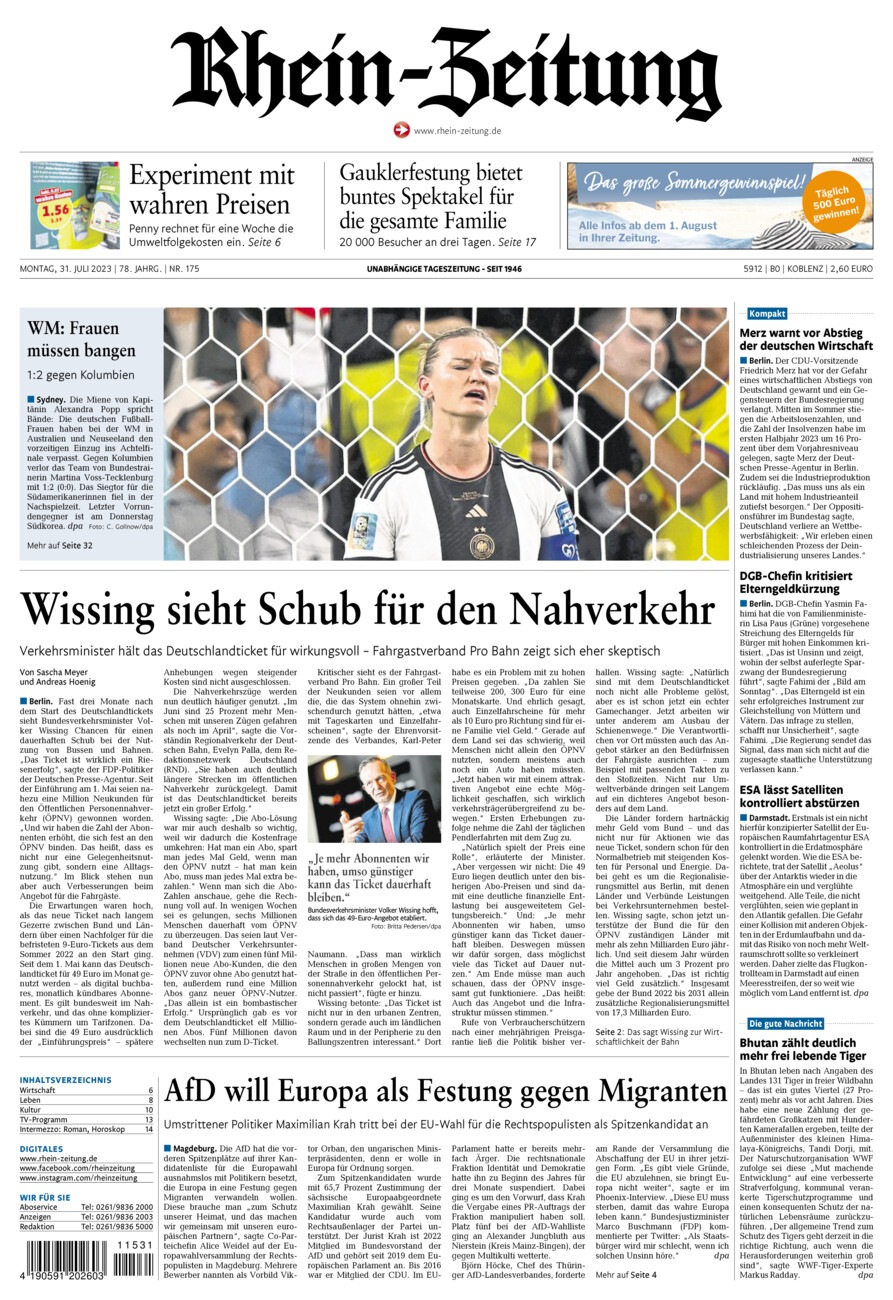 Rhein-Zeitung Koblenz & Region vom Montag, 31.07.2023