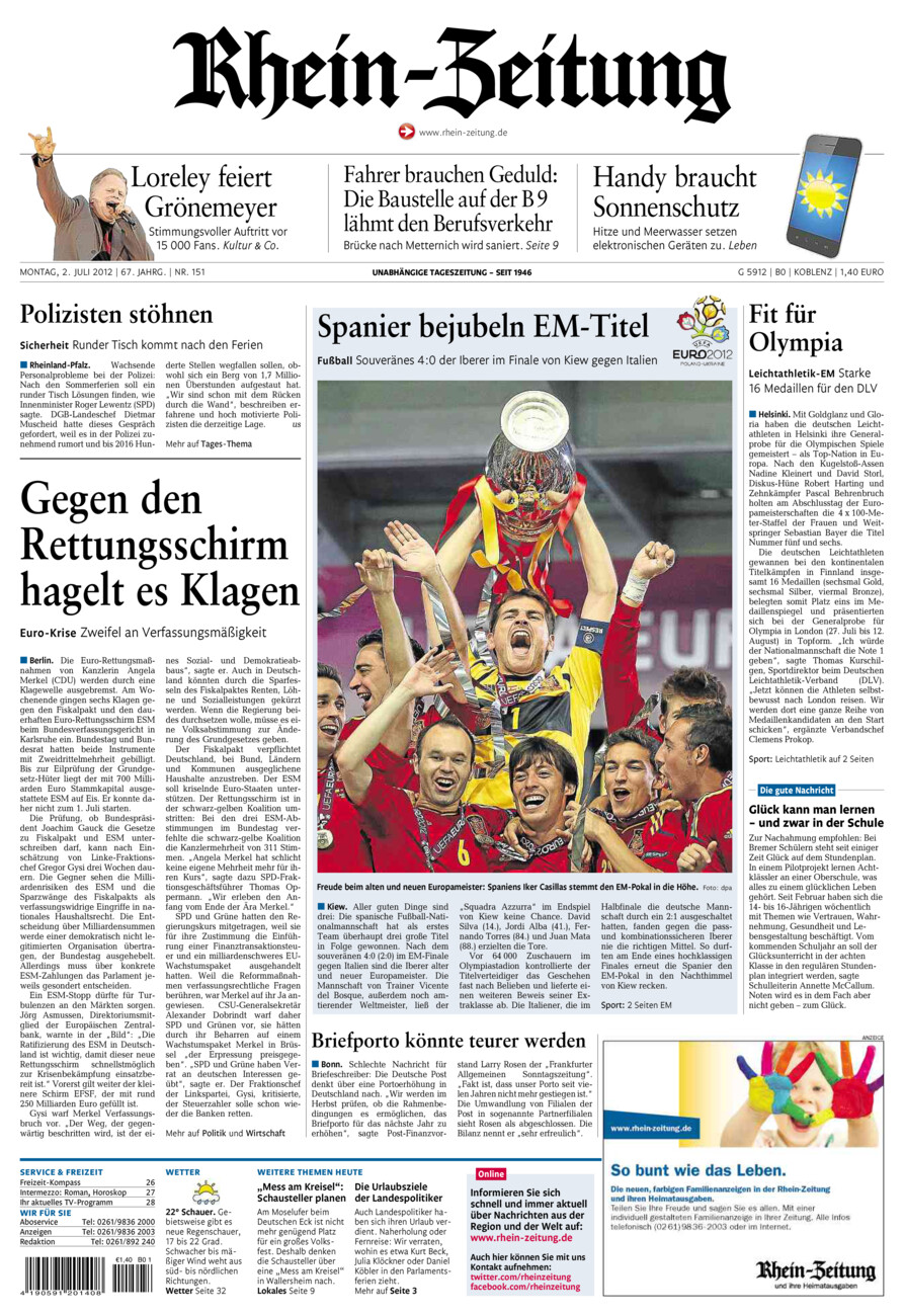 Rhein-Zeitung Koblenz & Region vom Montag, 02.07.2012