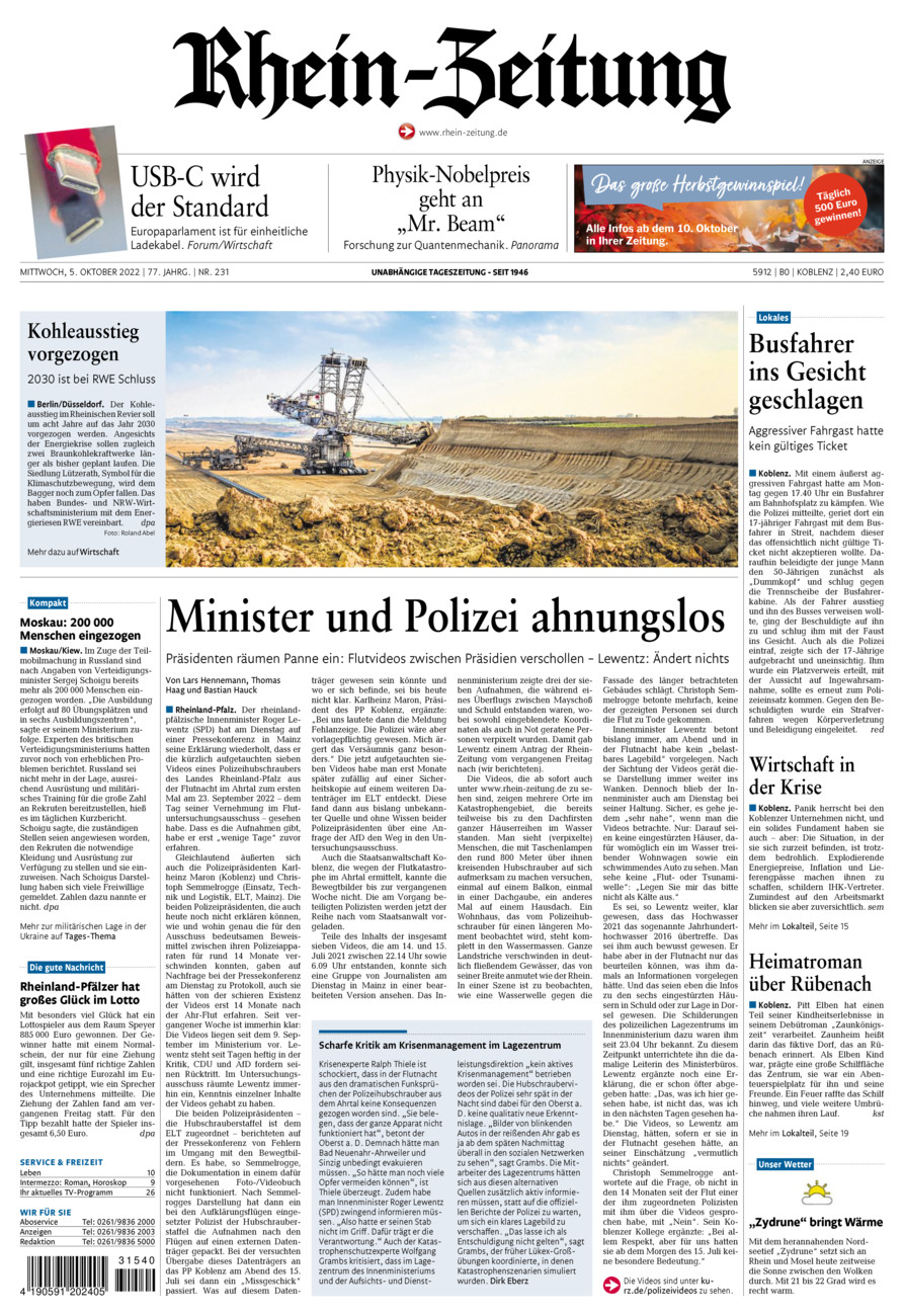 Rhein-Zeitung Koblenz & Region vom Mittwoch, 05.10.2022