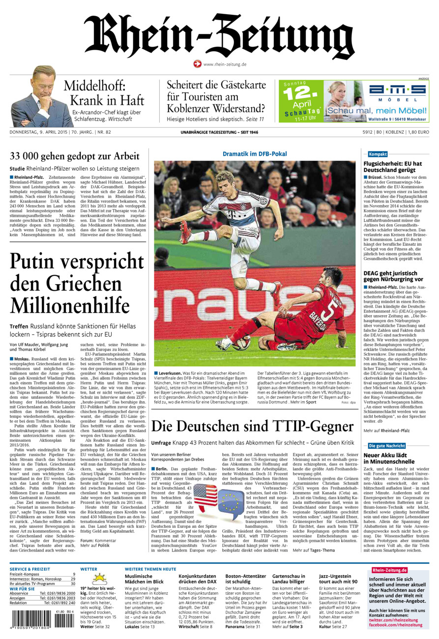 Rhein-Zeitung Koblenz & Region vom Donnerstag, 09.04.2015