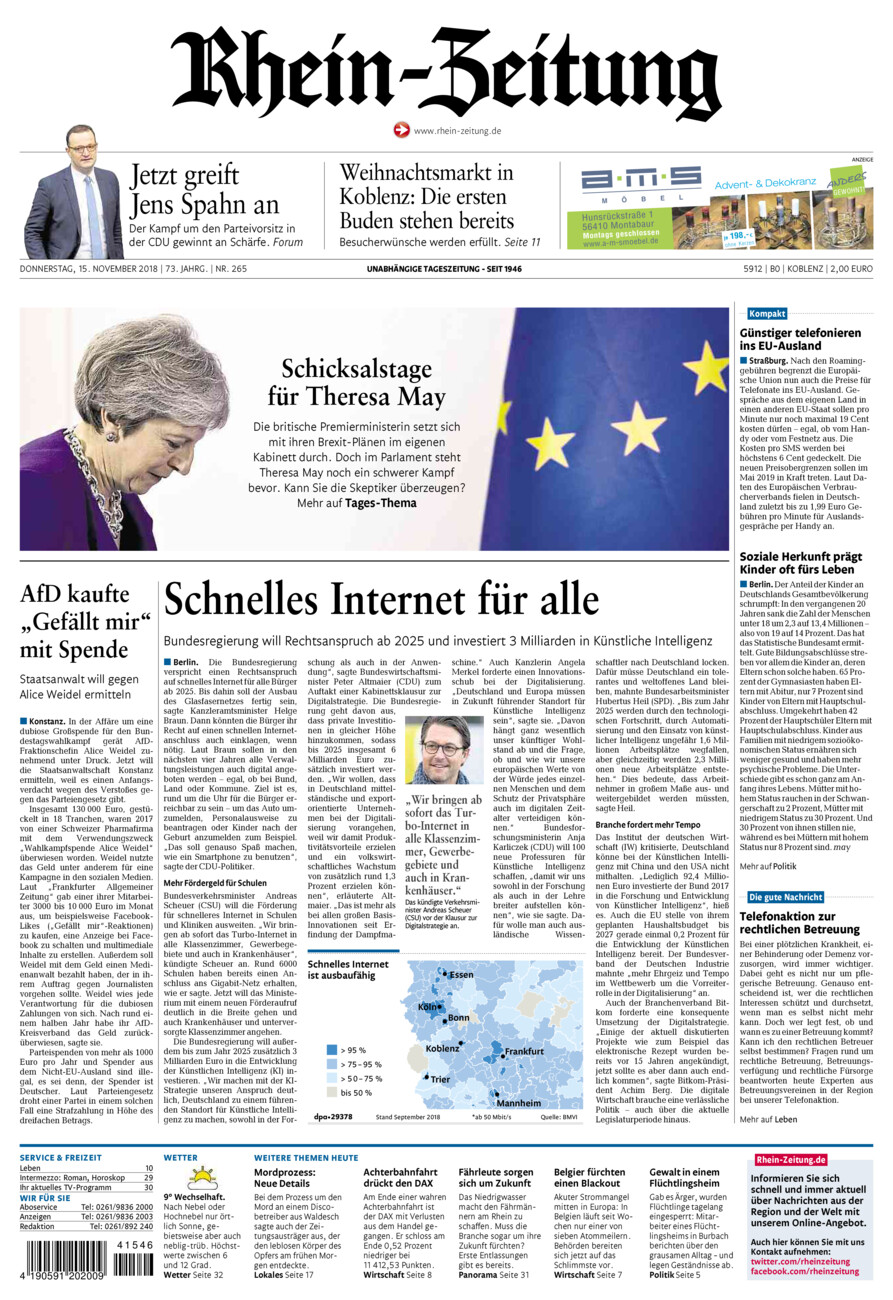 Rhein-Zeitung Koblenz & Region vom Donnerstag, 15.11.2018
