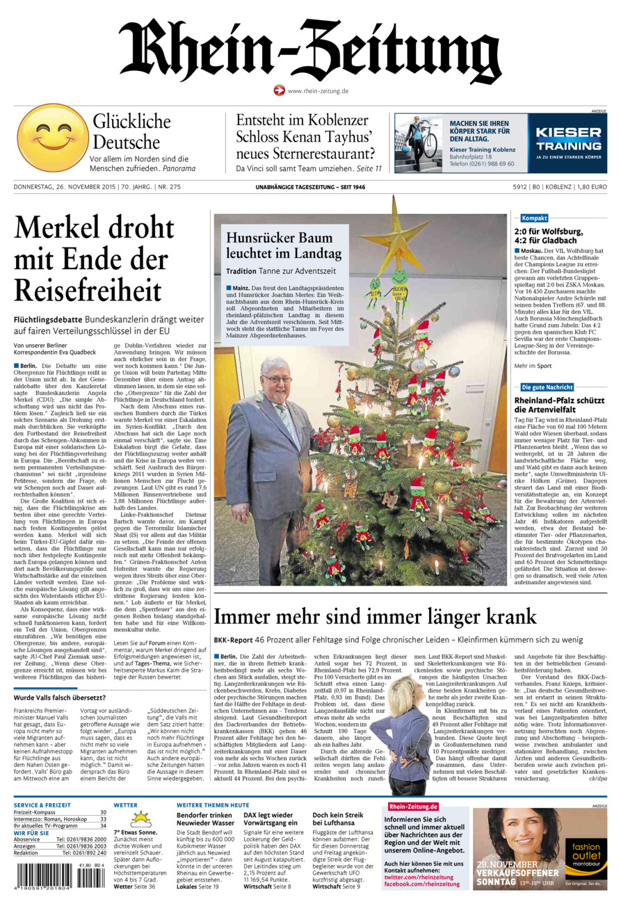 Rhein-Zeitung Koblenz & Region vom Donnerstag, 26.11.2015