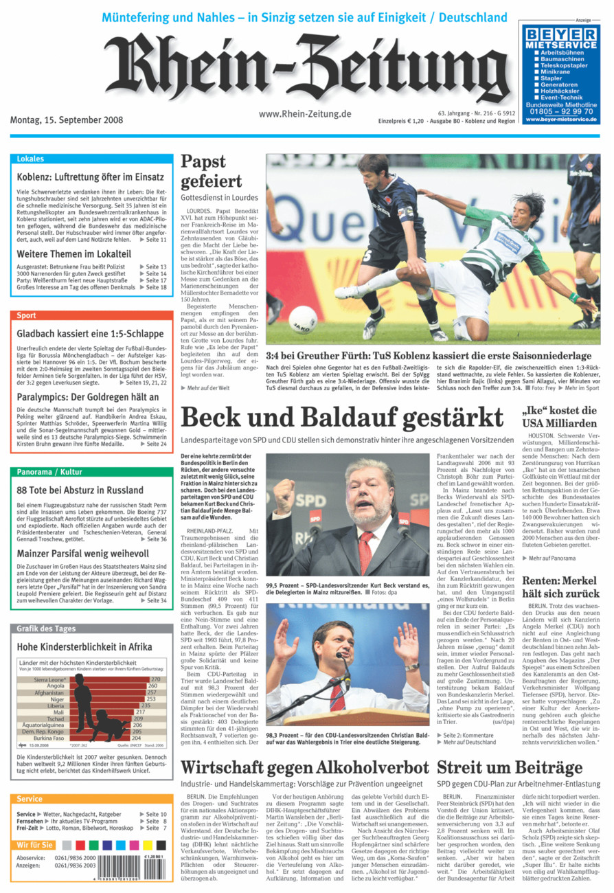 Rhein-Zeitung Koblenz & Region vom Montag, 15.09.2008