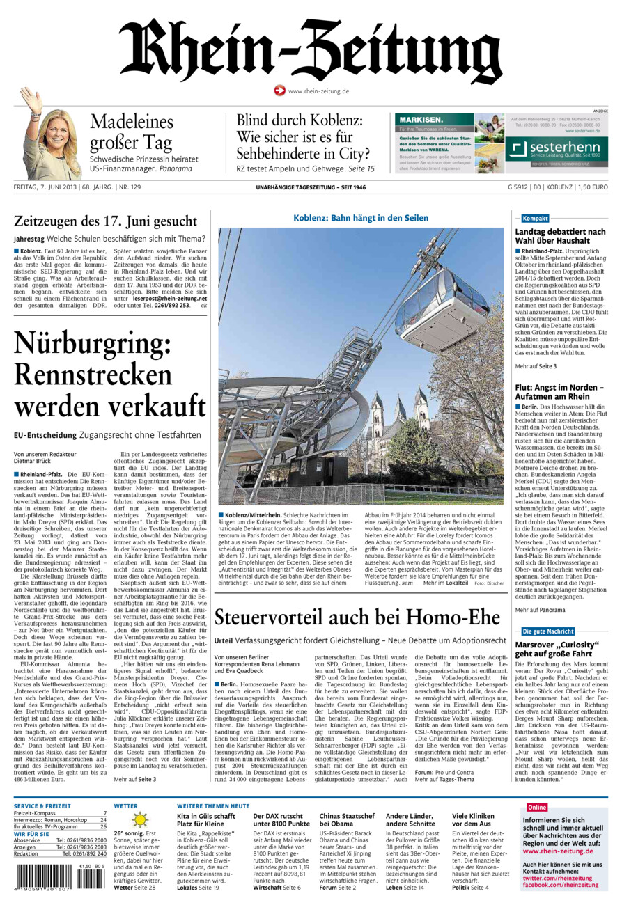 Rhein-Zeitung Koblenz & Region vom Freitag, 07.06.2013