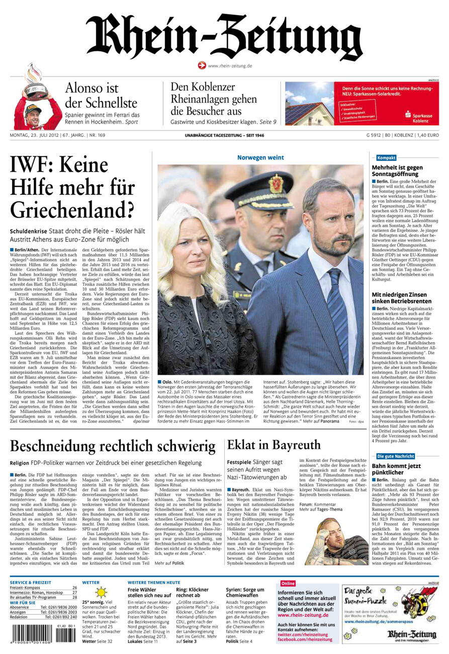 Rhein-Zeitung Koblenz & Region vom Montag, 23.07.2012