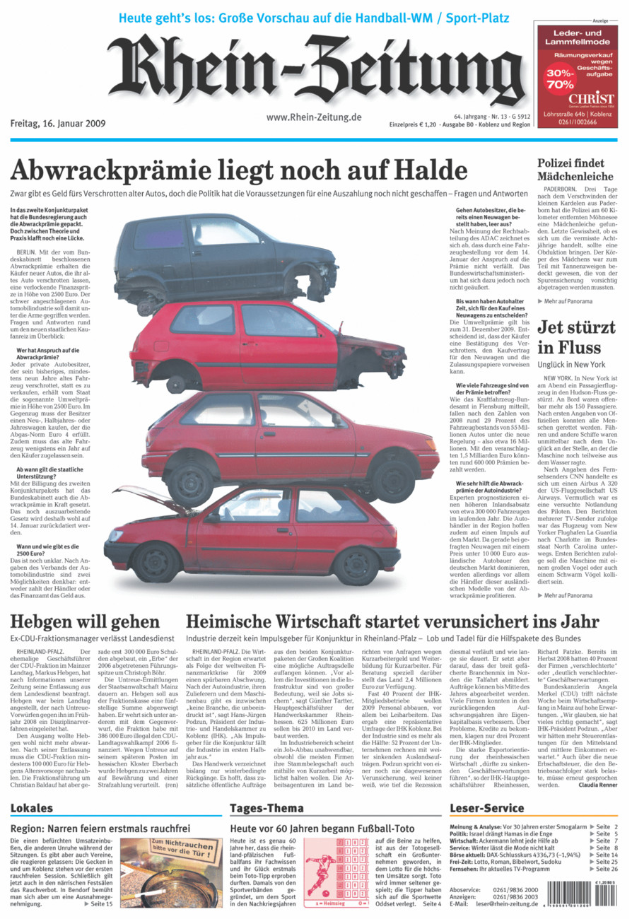 Rhein-Zeitung Koblenz & Region vom Freitag, 16.01.2009