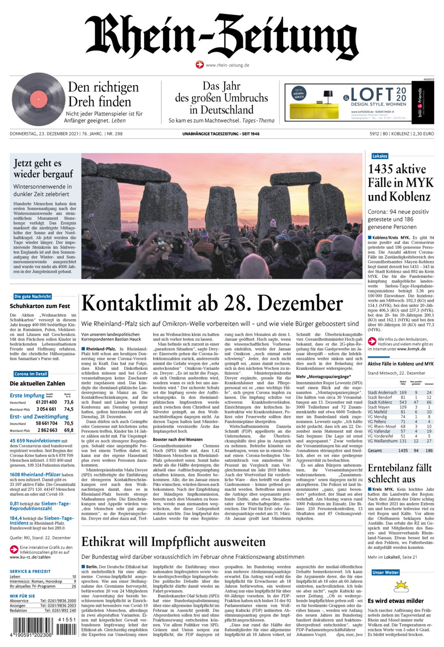 Rhein-Zeitung Koblenz & Region vom Donnerstag, 23.12.2021
