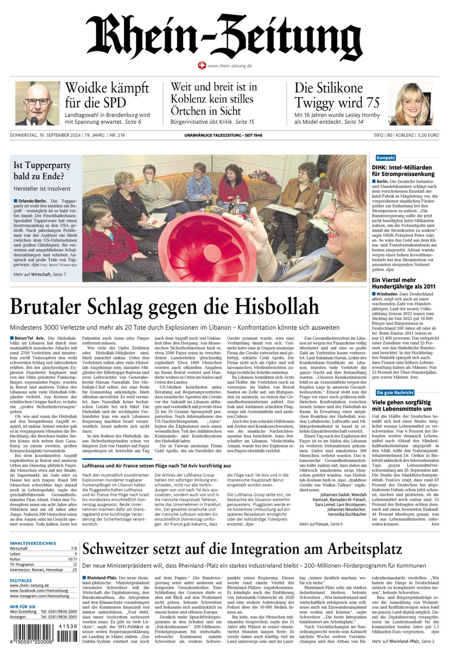 Rhein-Zeitung Koblenz & Region vom Donnerstag, 19.09.2024