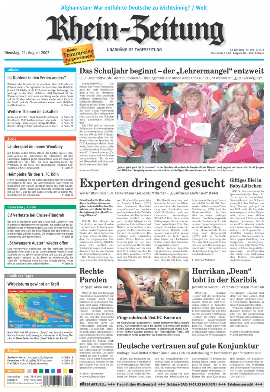 Rhein-Zeitung Koblenz & Region vom Dienstag, 21.08.2007
