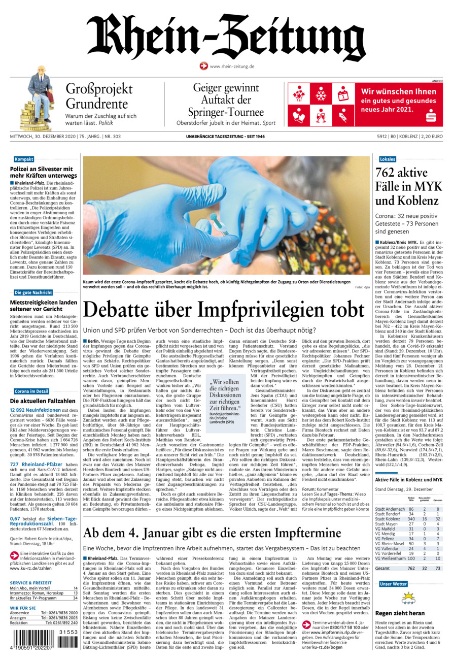 Rhein-Zeitung Koblenz & Region vom Mittwoch, 30.12.2020