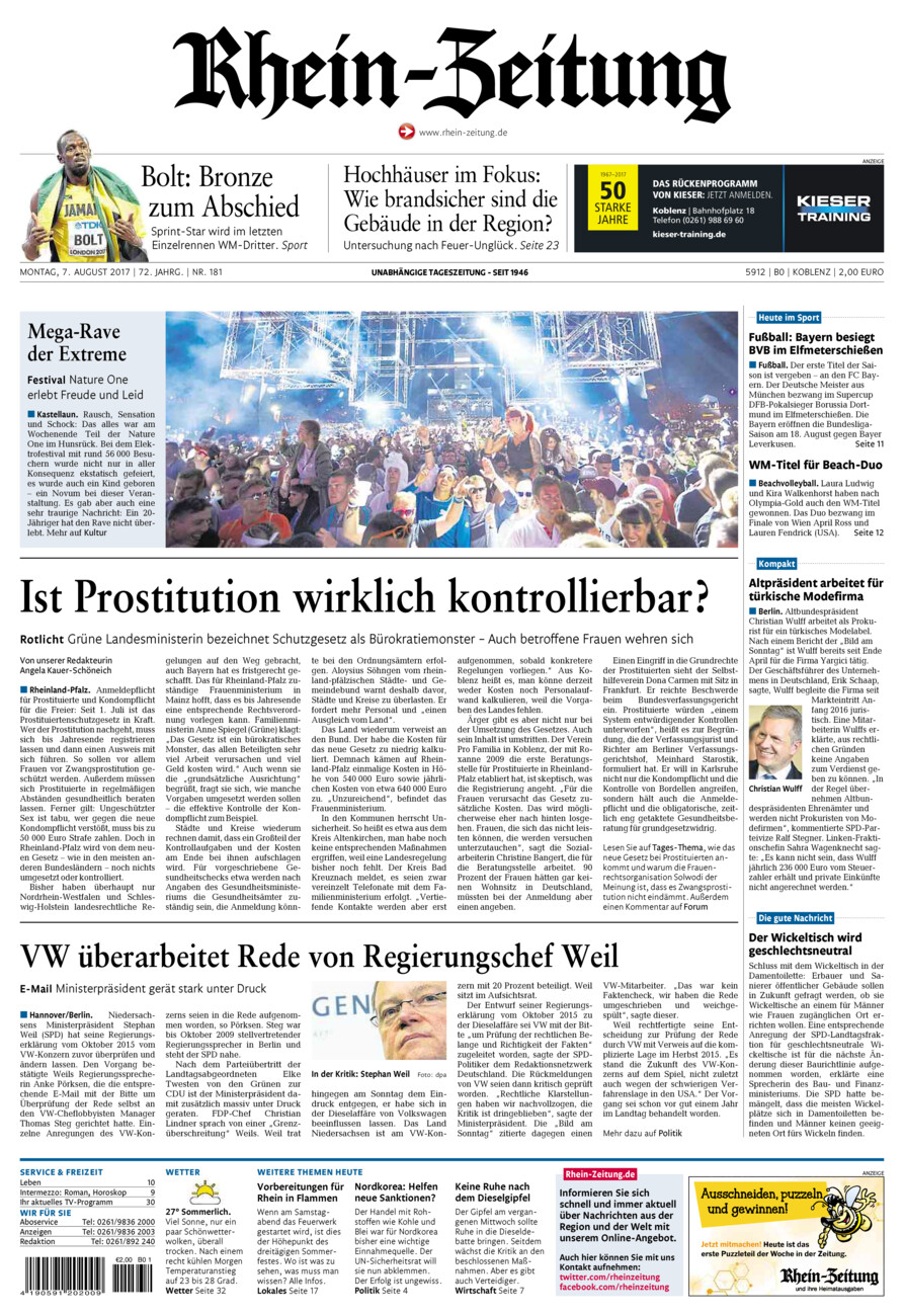 Rhein-Zeitung Koblenz & Region vom Montag, 07.08.2017