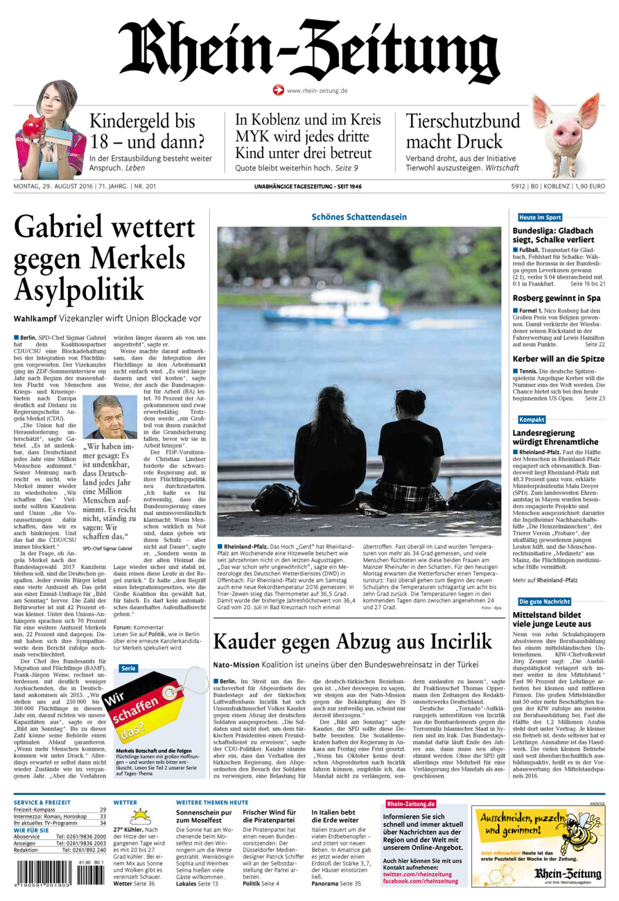 Rhein-Zeitung Koblenz & Region vom Montag, 29.08.2016