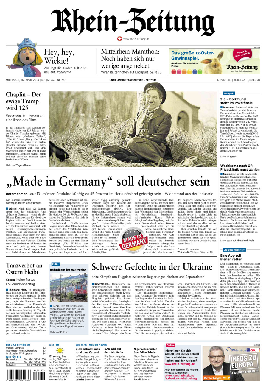 Rhein-Zeitung Koblenz & Region vom Mittwoch, 16.04.2014