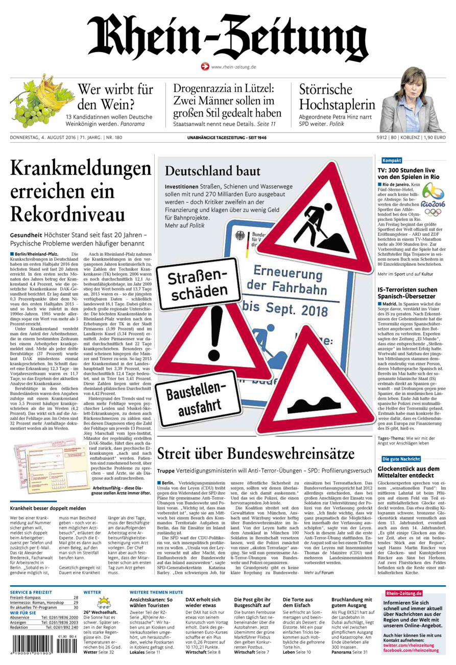 Rhein-Zeitung Koblenz & Region vom Donnerstag, 04.08.2016