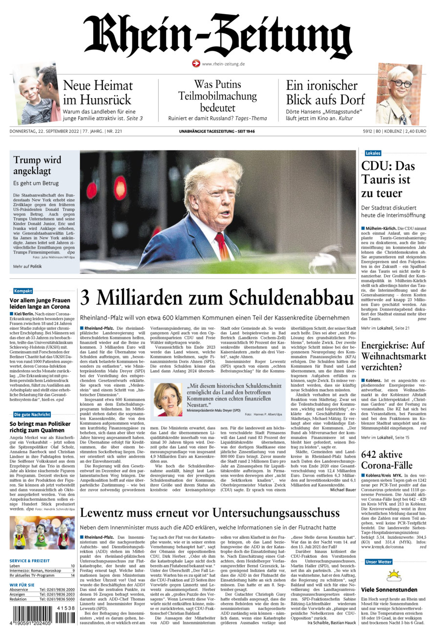 Rhein-Zeitung Koblenz & Region vom Donnerstag, 22.09.2022