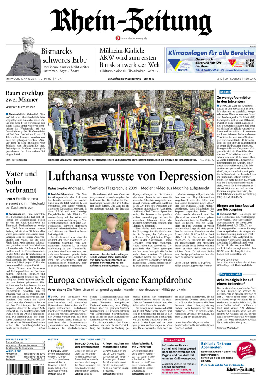 Rhein-Zeitung Koblenz & Region vom Mittwoch, 01.04.2015