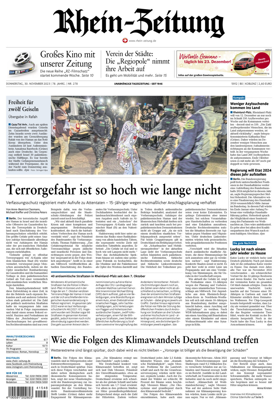 Rhein-Zeitung Koblenz & Region vom Donnerstag, 30.11.2023