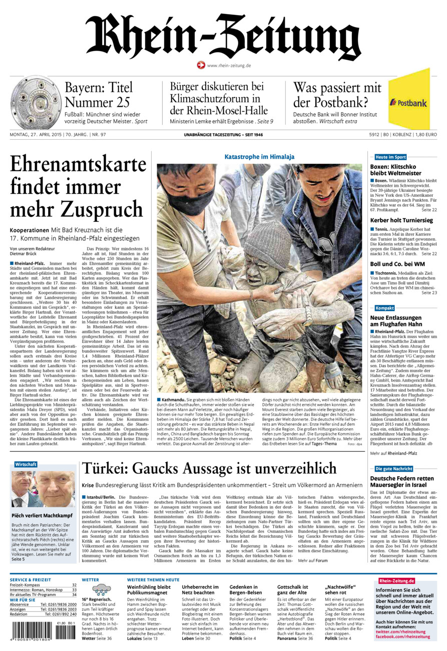 Rhein-Zeitung Koblenz & Region vom Montag, 27.04.2015