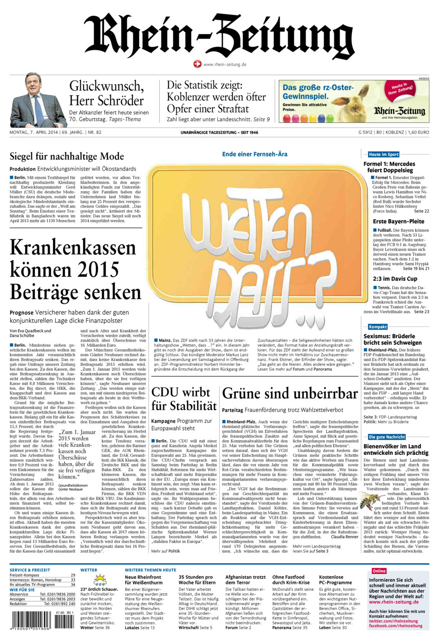Rhein-Zeitung Koblenz & Region vom Montag, 07.04.2014