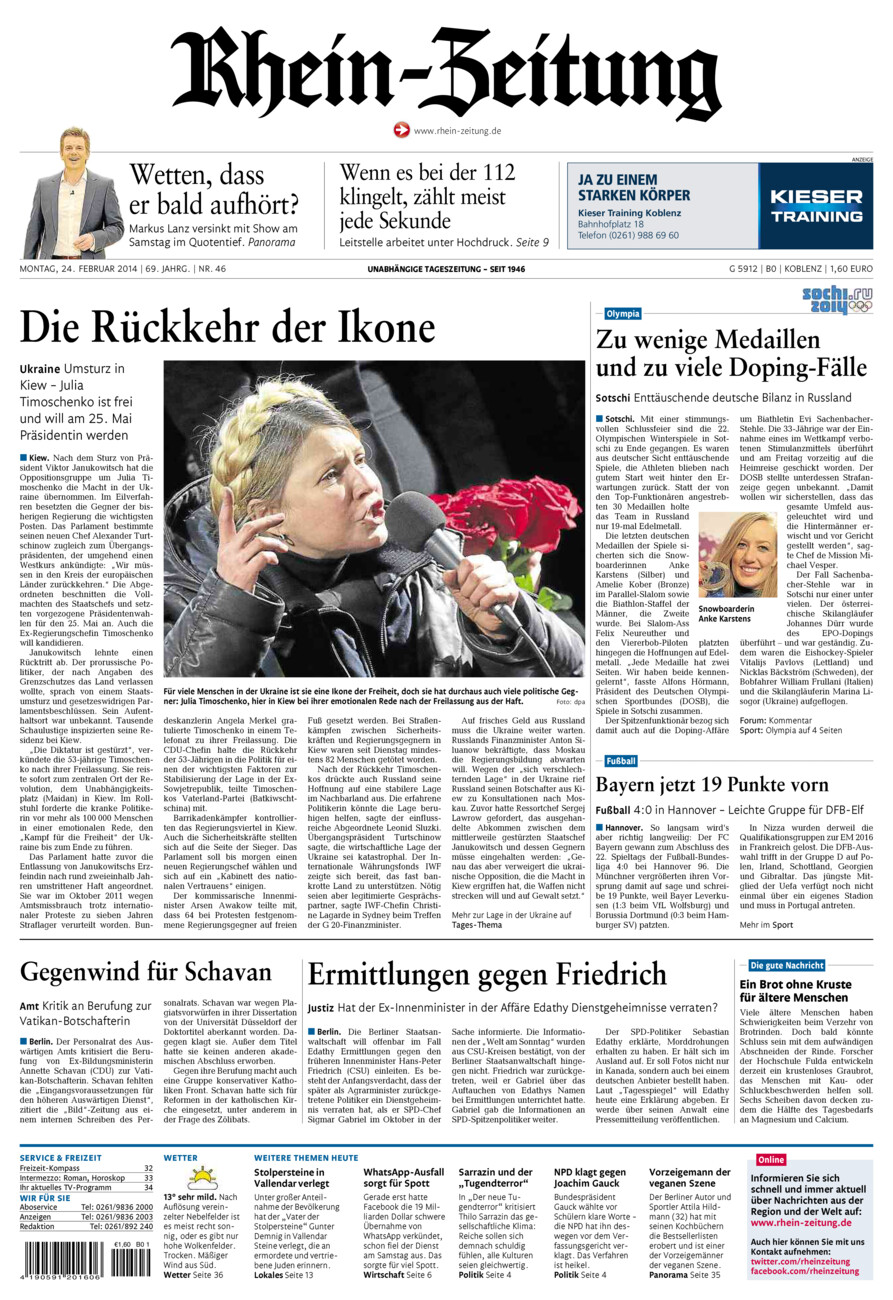 Rhein-Zeitung Koblenz & Region vom Montag, 24.02.2014