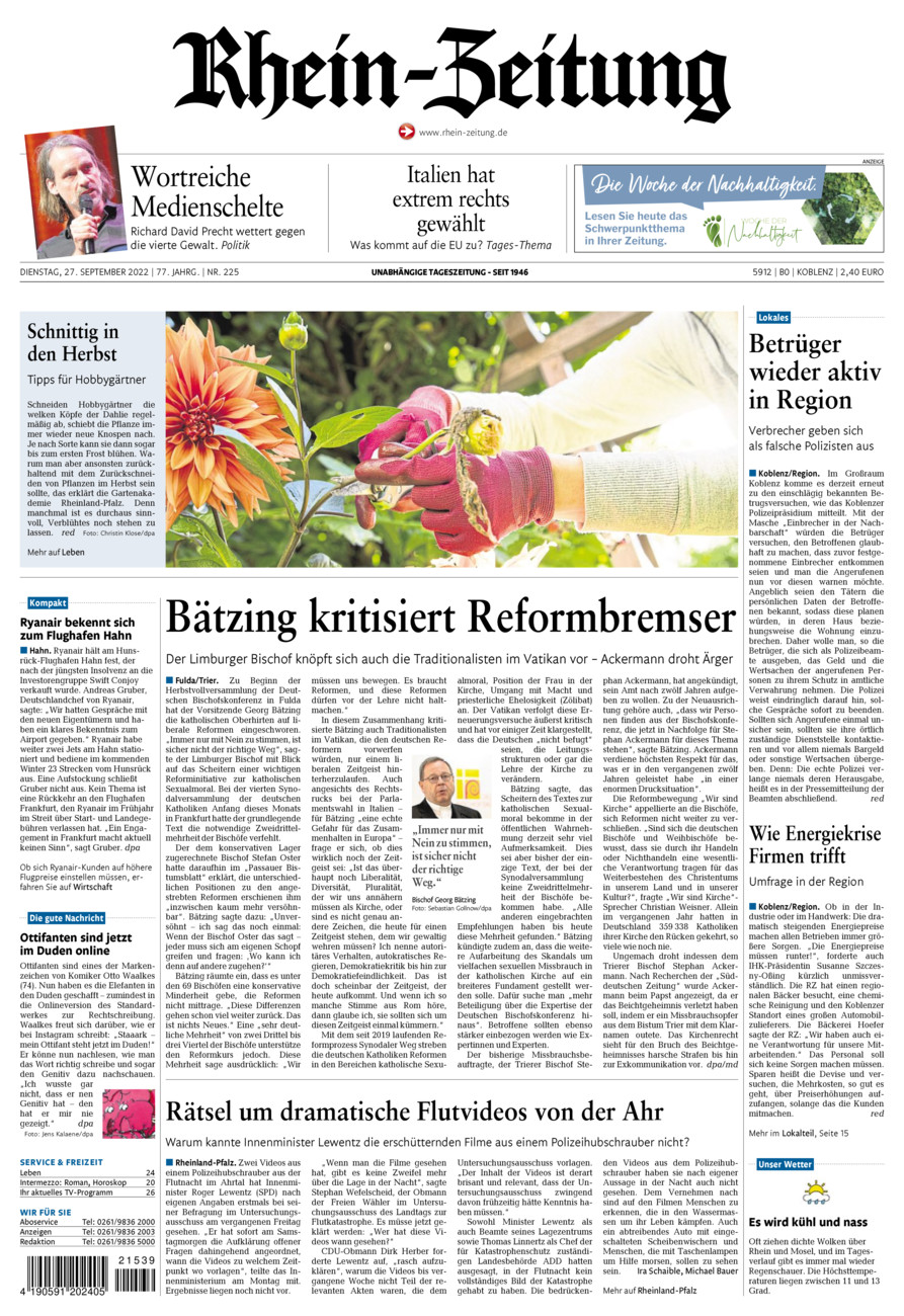 Rhein-Zeitung Koblenz & Region vom Dienstag, 27.09.2022