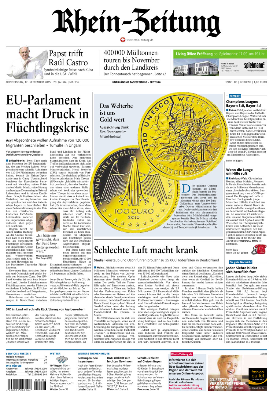 Rhein-Zeitung Koblenz & Region vom Donnerstag, 17.09.2015