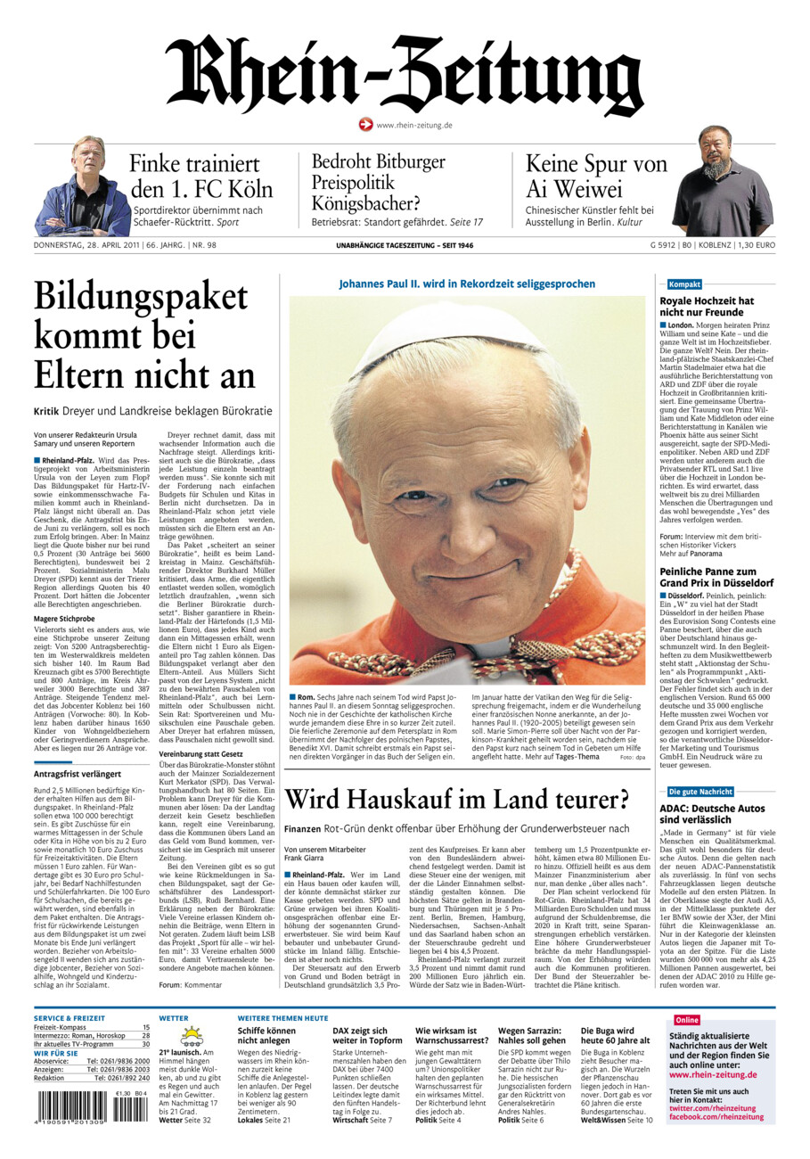 Rhein-Zeitung Koblenz & Region vom Donnerstag, 28.04.2011