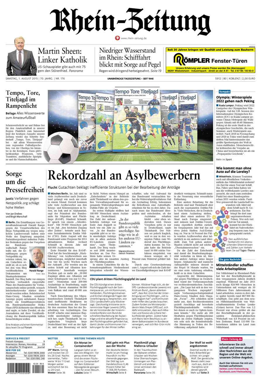 Rhein-Zeitung Koblenz & Region vom Samstag, 01.08.2015